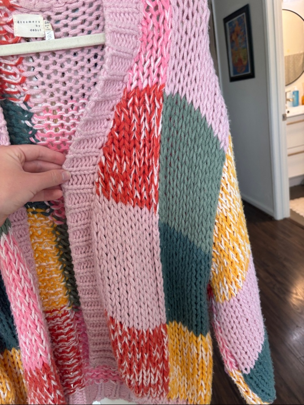 Chunky Patchwork Knit Cardigan Sweater - Pink Multi - Picture 2 of 4